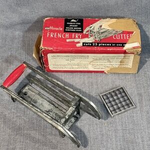 Vintage EKCO Miracle French Fry Cutter Red Handle Metal Tool with Original Box